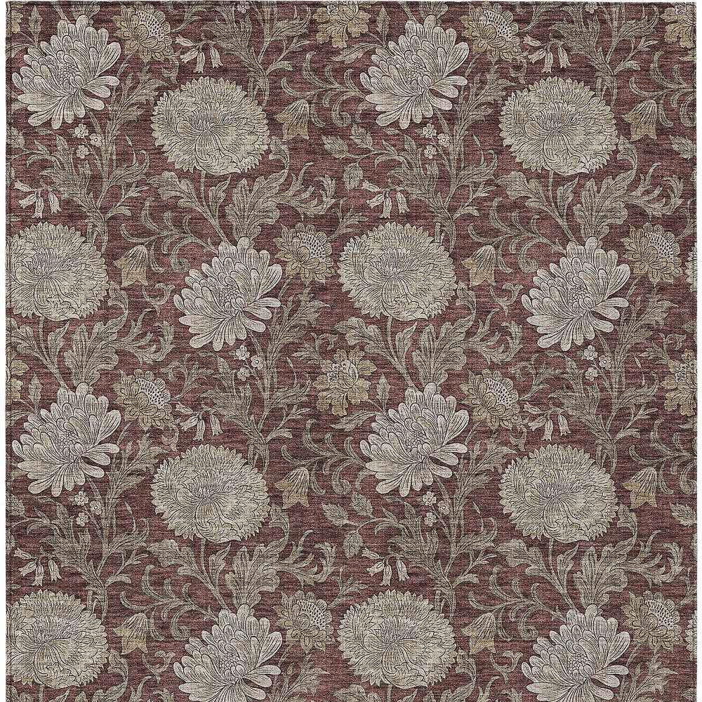 3' X 5' Merlot Taupe And Beige Floral Washable Indoor Outdoor Area Rug