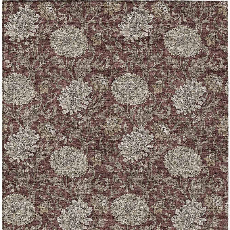 3' X 5' Merlot Taupe And Beige Floral Washable Indoor Outdoor Area Rug