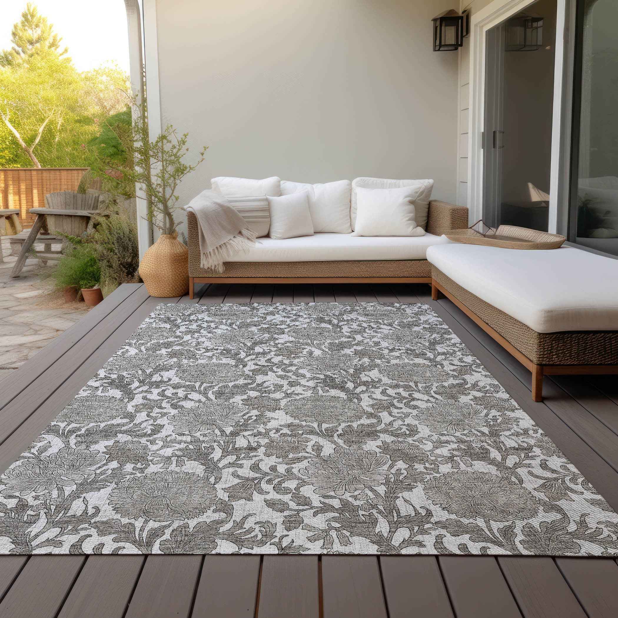 3' X 5' Ivory And Gray Floral Washable Indoor Outdoor Area Rug