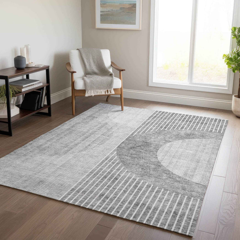 8' X 10' Gray Silver And Charcoal Geometric Washable Indoor Outdoor Area Rug