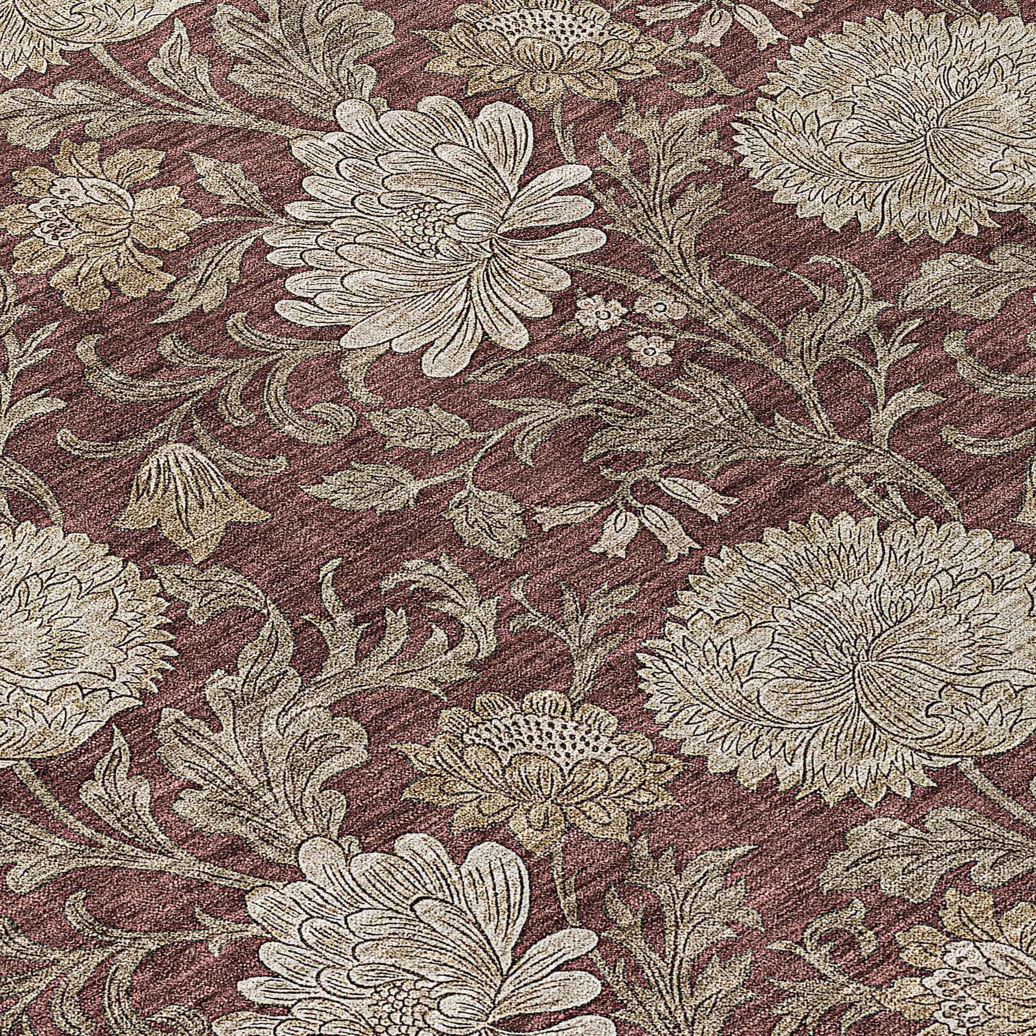 3' X 5' Merlot Taupe And Beige Floral Washable Indoor Outdoor Area Rug