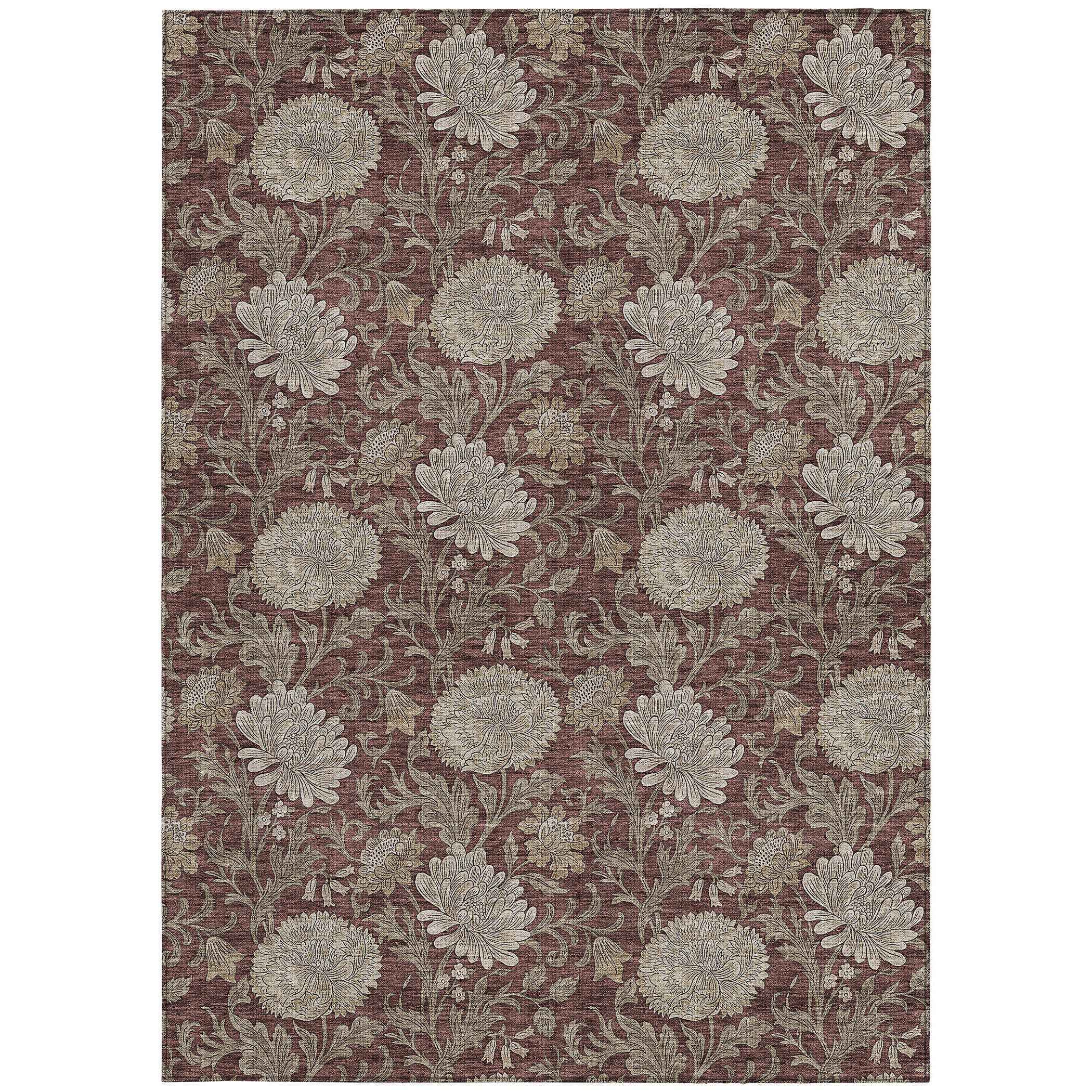 3' X 5' Merlot Taupe And Beige Floral Washable Indoor Outdoor Area Rug