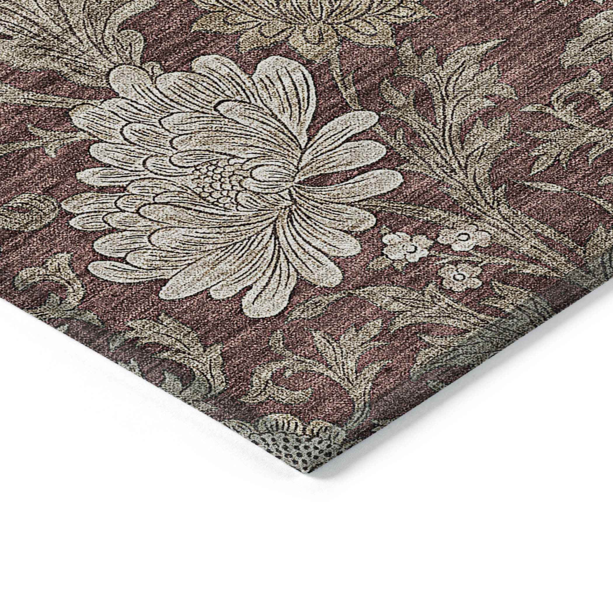 3' X 5' Merlot Taupe And Beige Floral Washable Indoor Outdoor Area Rug