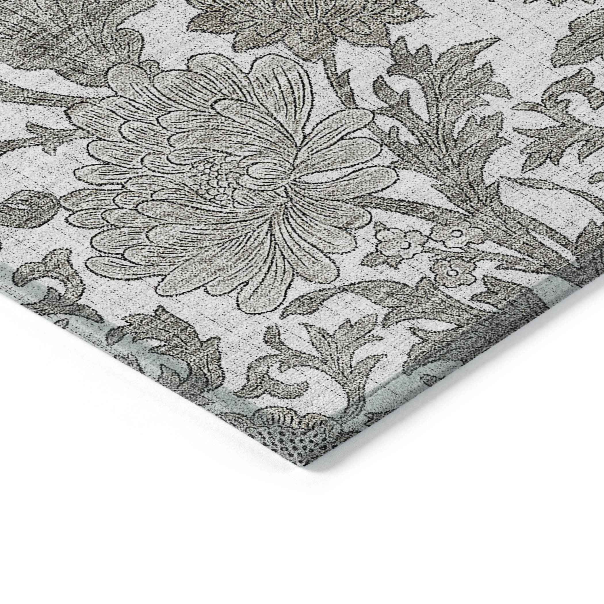 3' X 5' Ivory And Gray Floral Washable Indoor Outdoor Area Rug