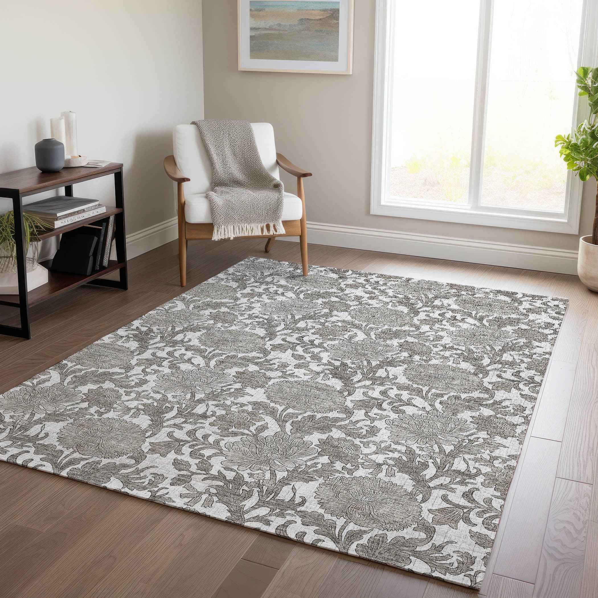 8' X 10' Ivory And Gray Floral Washable Indoor Outdoor Area Rug