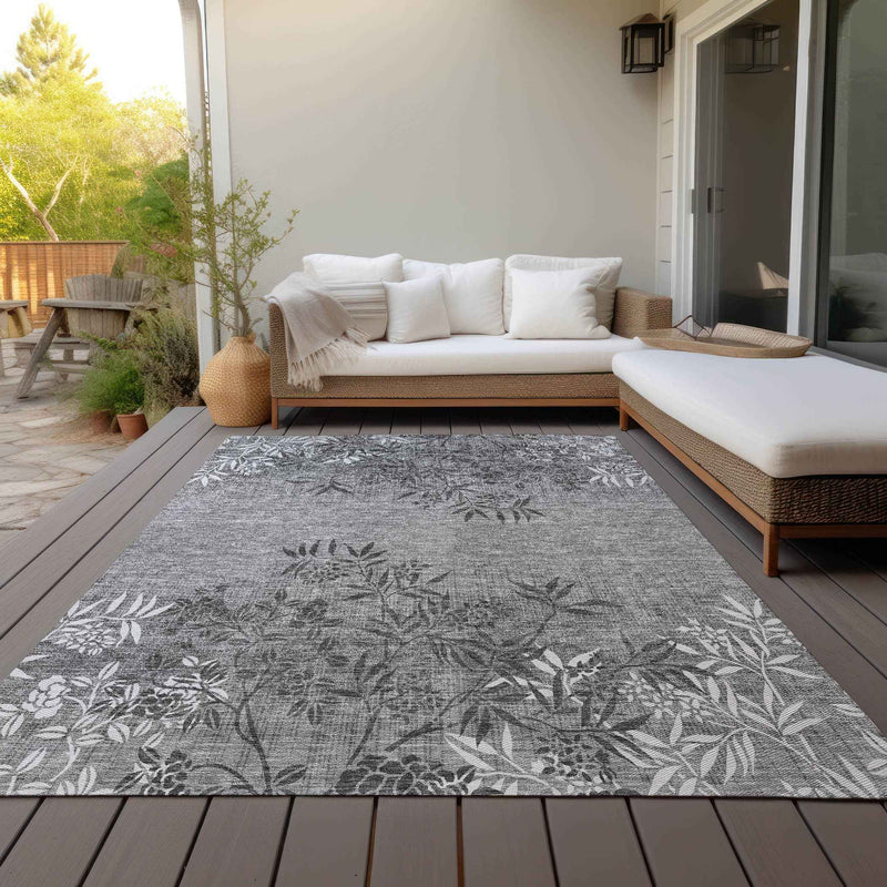10' X 14' Gray Charcoal And Ivory Floral Washable Indoor Outdoor Area Rug