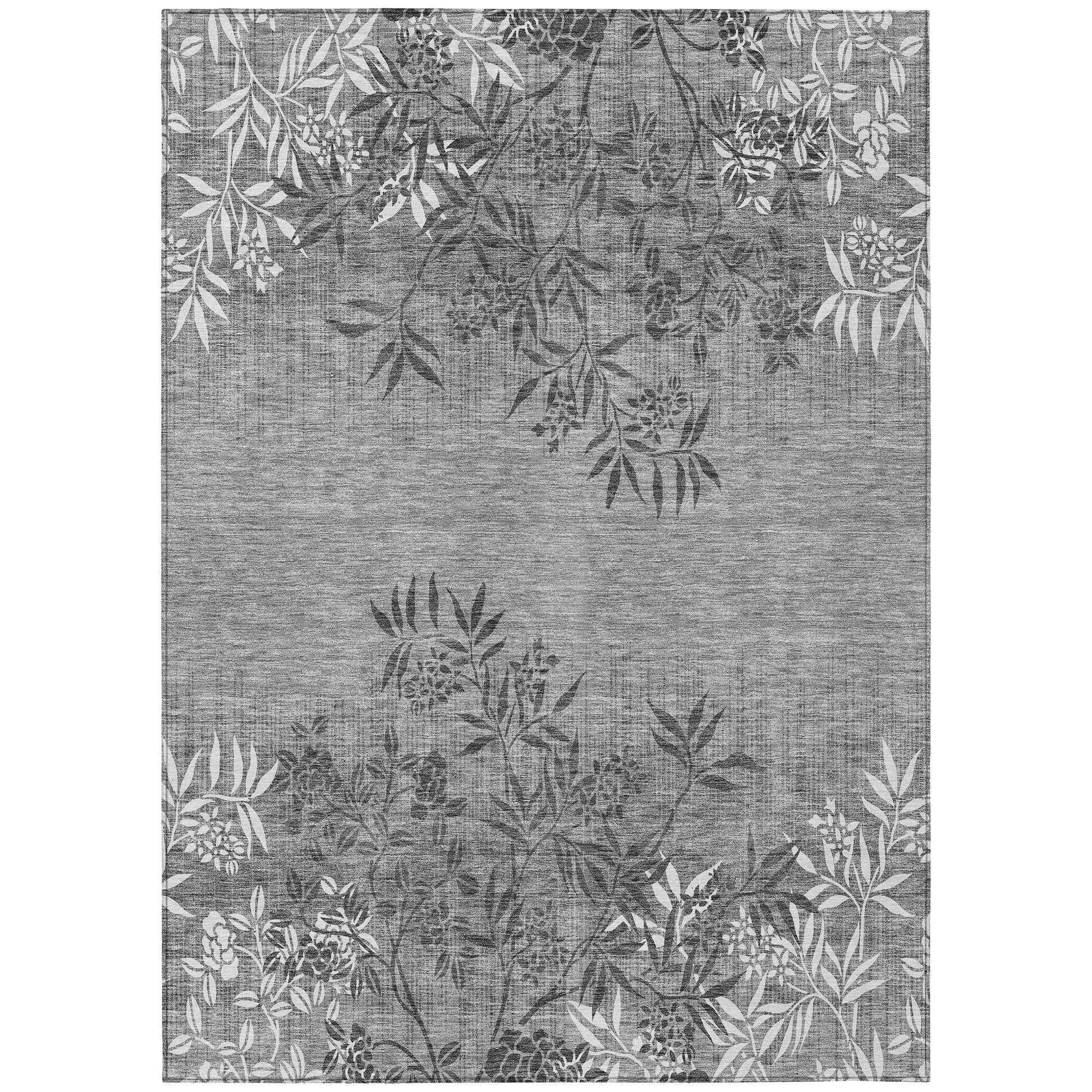 10' X 14' Gray Charcoal And Ivory Floral Washable Indoor Outdoor Area Rug