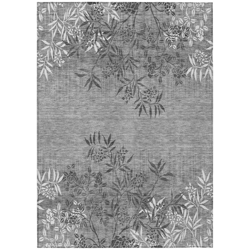 10' X 14' Gray Charcoal And Ivory Floral Washable Indoor Outdoor Area Rug