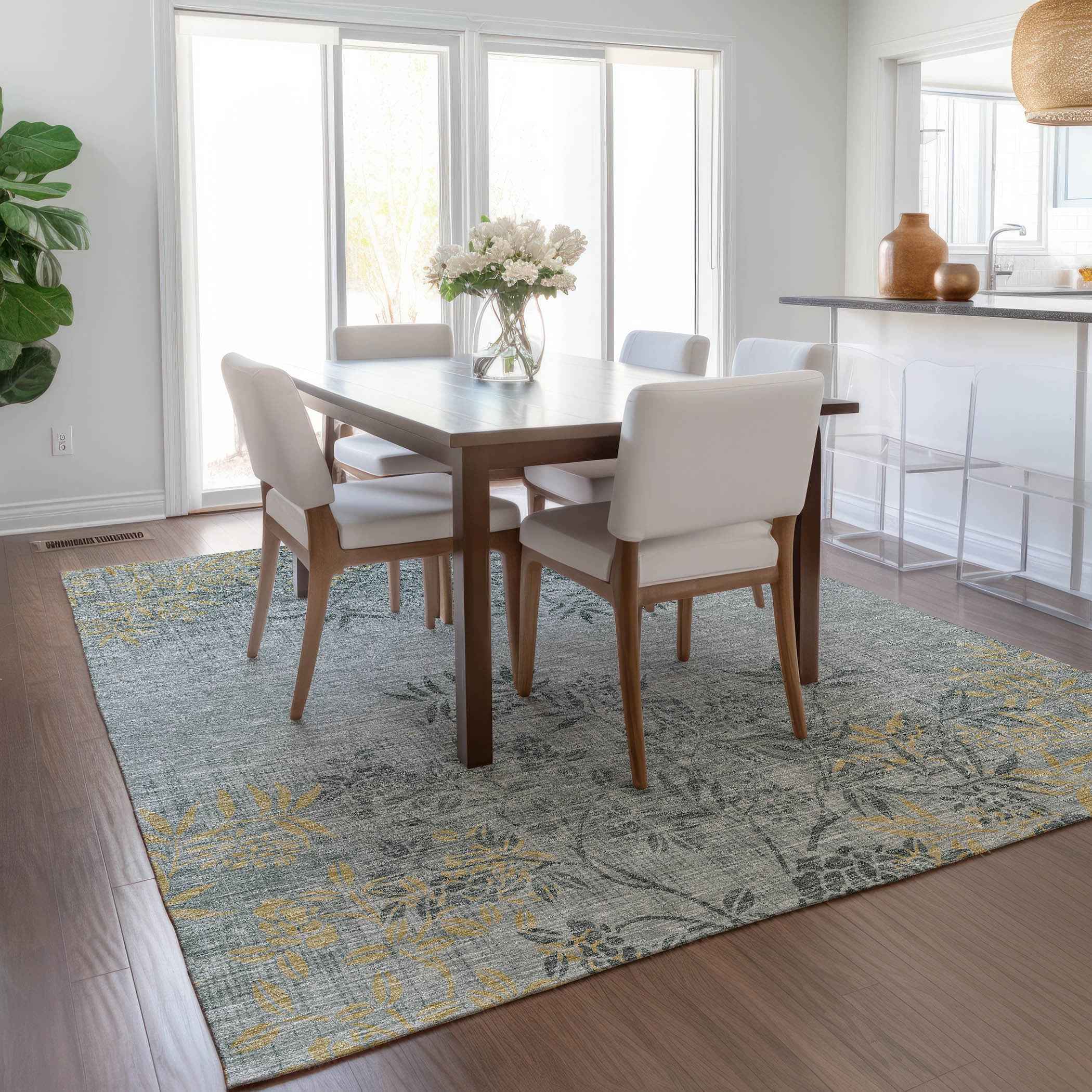 9' X 12' Gray Charcoal And Gold Floral Washable Indoor Outdoor Area Rug