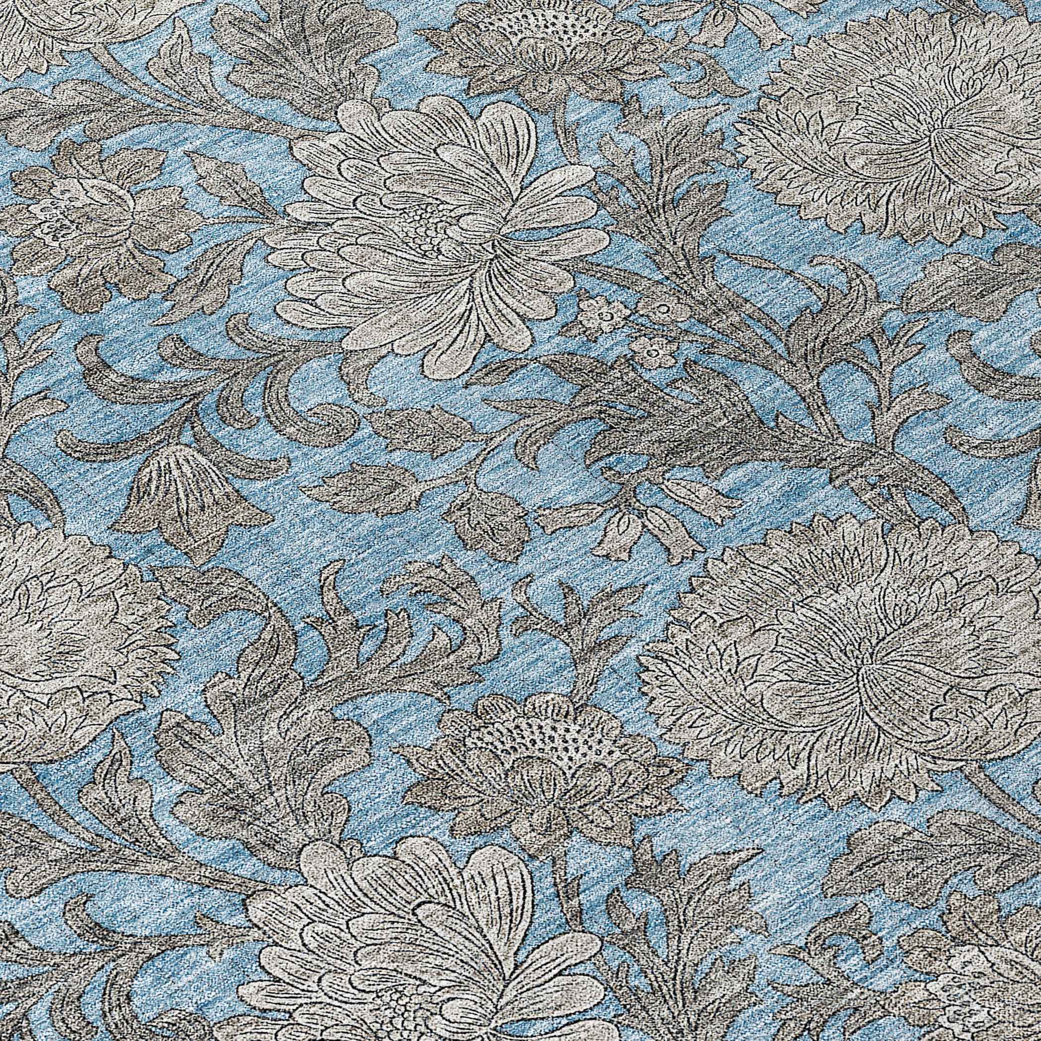 10' X 14' Blue Gray And Silver Floral Washable Indoor Outdoor Area Rug