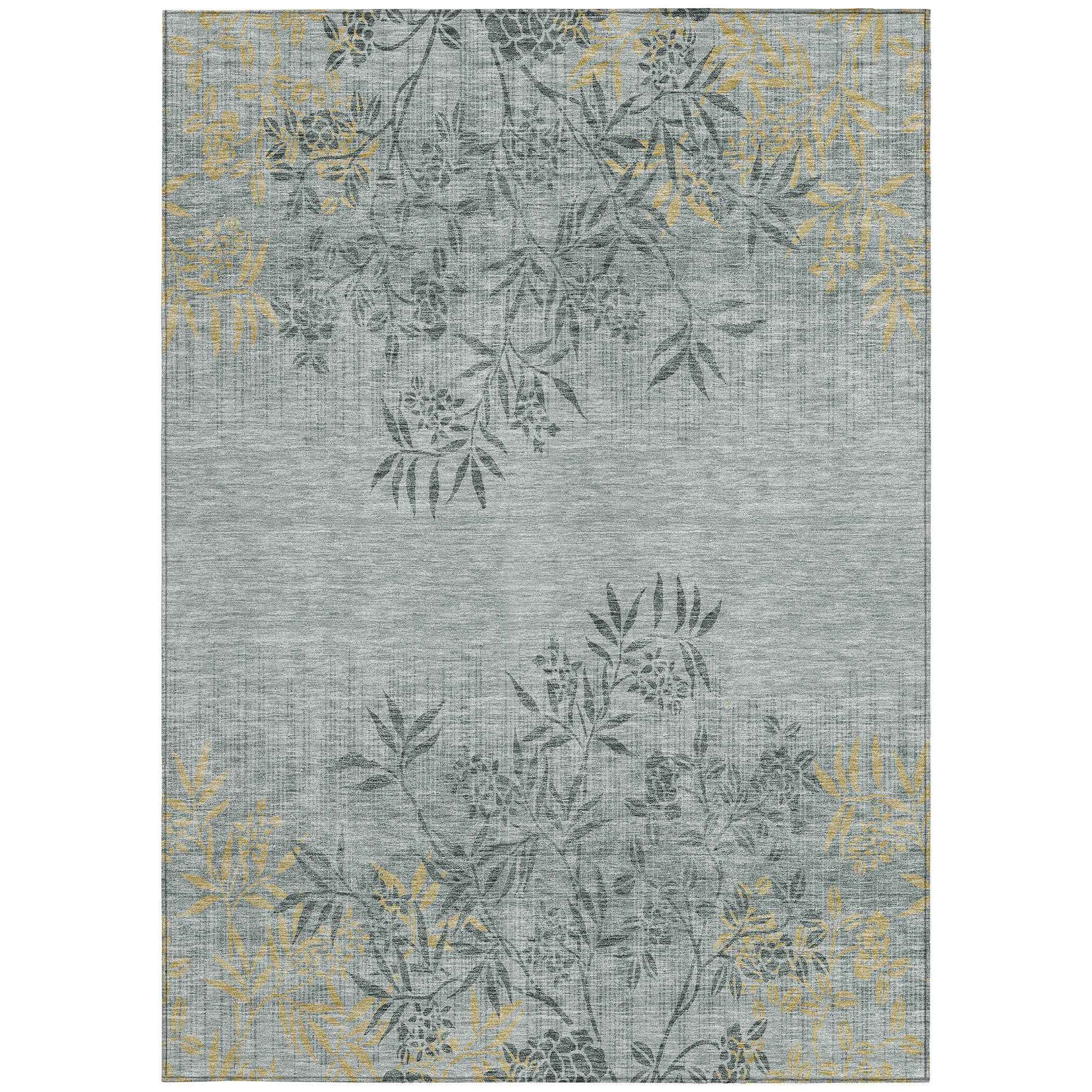 9' X 12' Gray Charcoal And Gold Floral Washable Indoor Outdoor Area Rug