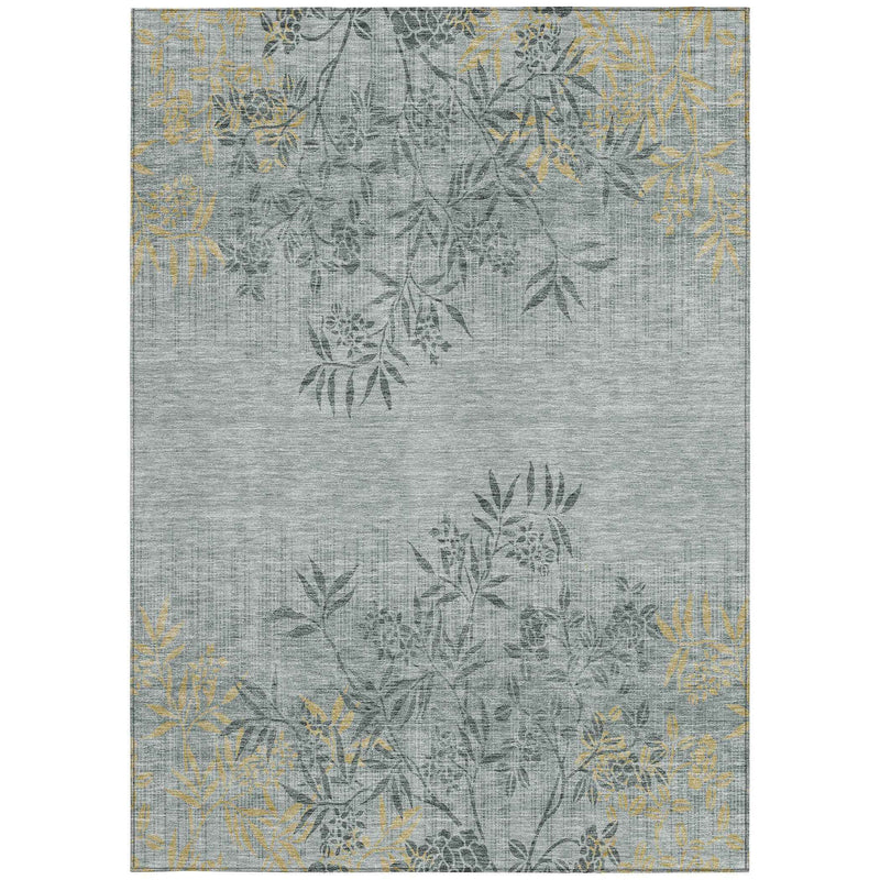 9' X 12' Gray Charcoal And Gold Floral Washable Indoor Outdoor Area Rug