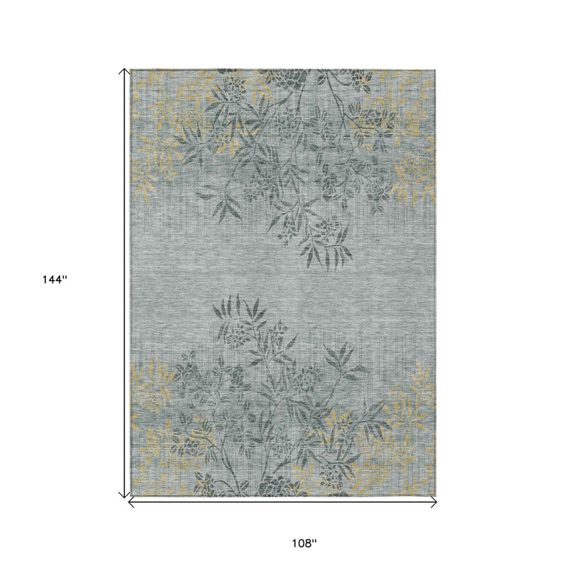 9' X 12' Gray Charcoal And Gold Floral Washable Indoor Outdoor Area Rug