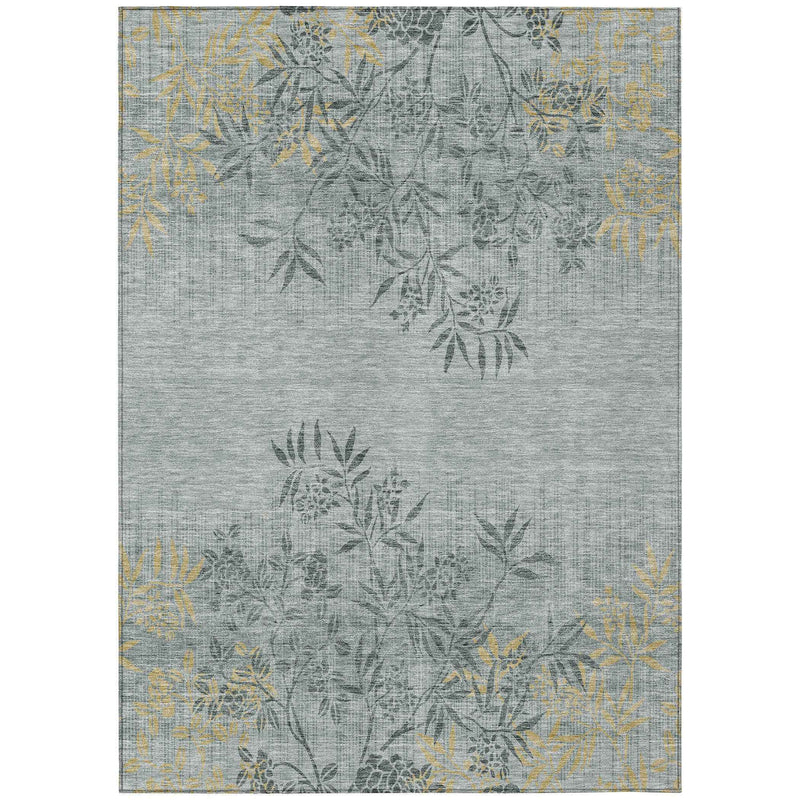9' X 12' Gray Charcoal And Gold Floral Washable Indoor Outdoor Area Rug
