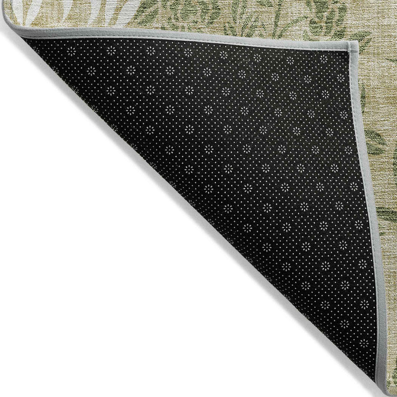 9' X 12' Khaki Ivory And Green Floral Washable Indoor Outdoor Area Rug