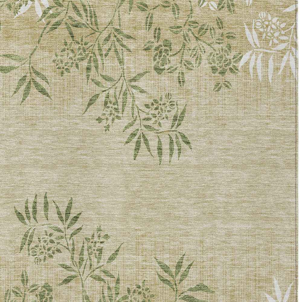 9' X 12' Khaki Ivory And Green Floral Washable Indoor Outdoor Area Rug