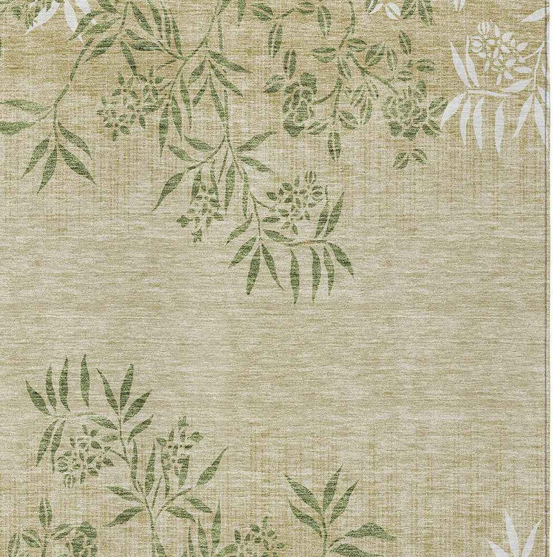 9' X 12' Khaki Ivory And Green Floral Washable Indoor Outdoor Area Rug