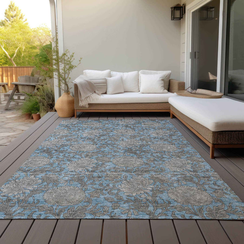 10' X 14' Blue Gray And Silver Floral Washable Indoor Outdoor Area Rug