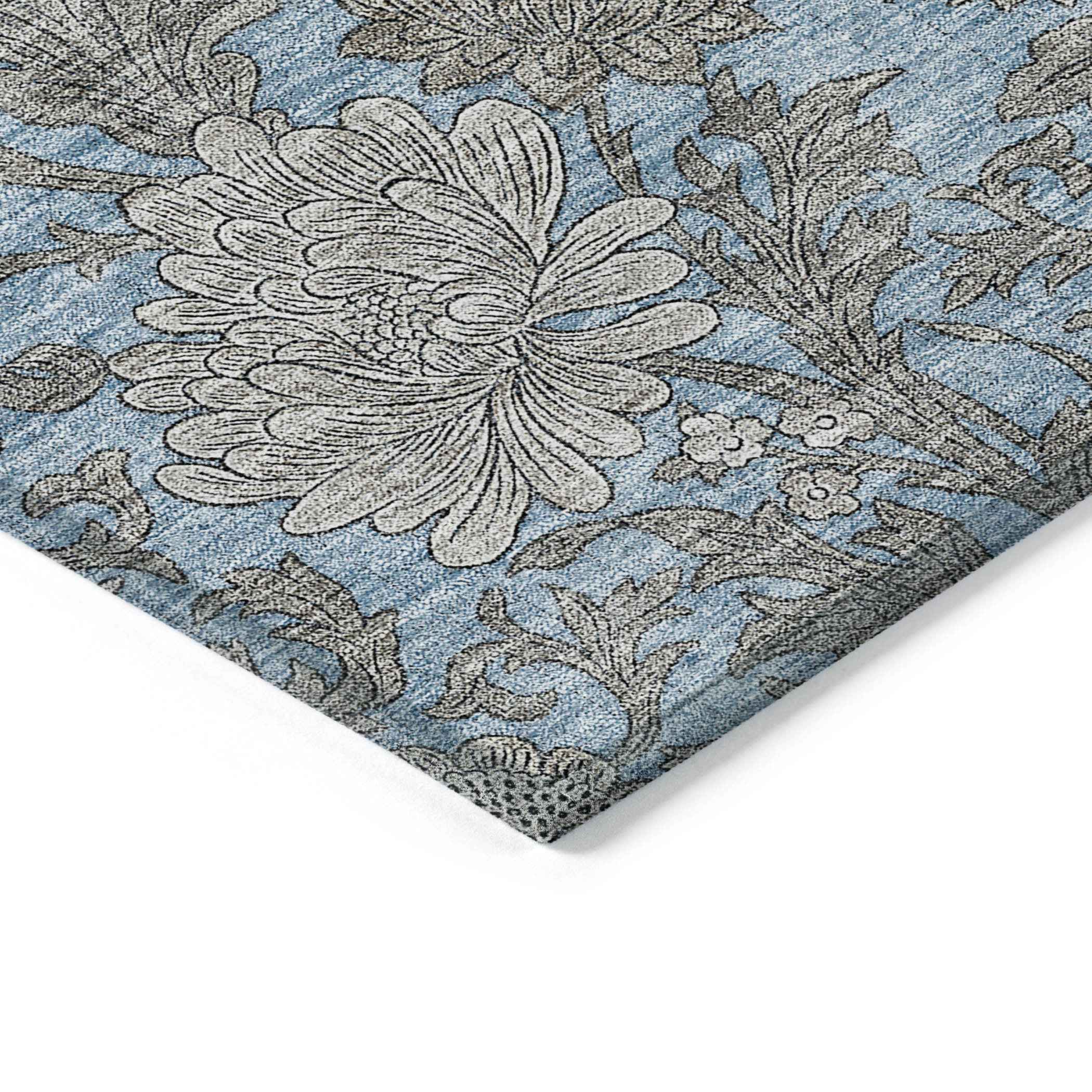 10' X 14' Blue Gray And Silver Floral Washable Indoor Outdoor Area Rug