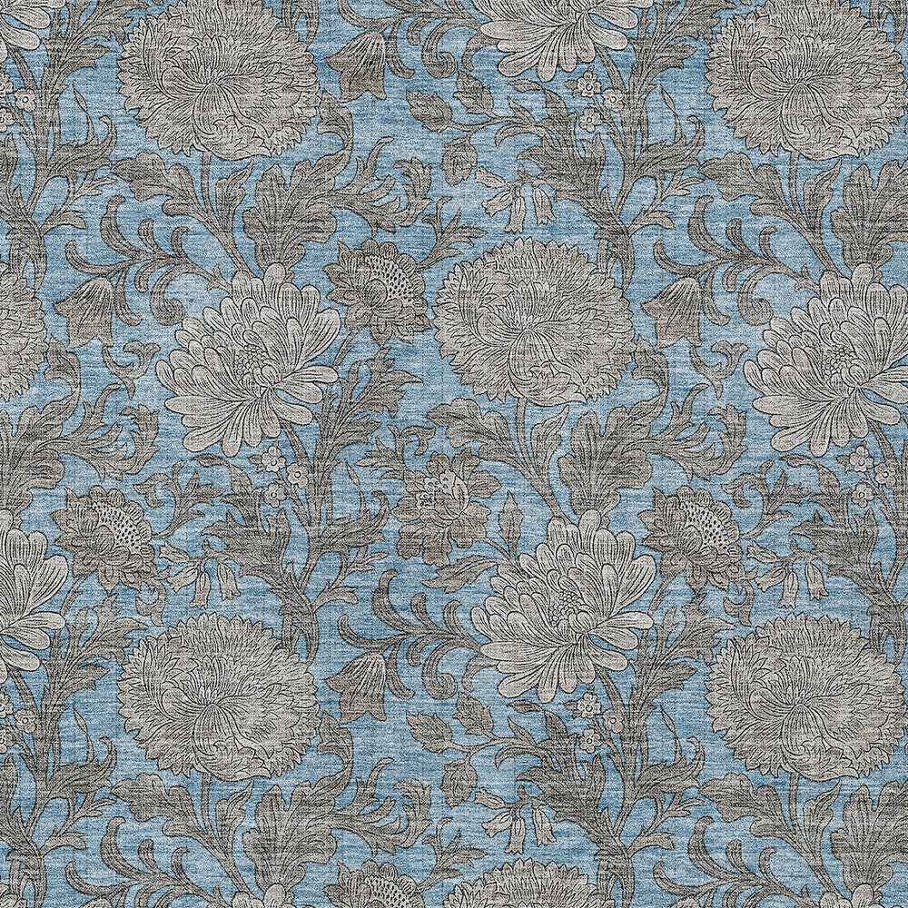 10' X 14' Blue Gray And Silver Floral Washable Indoor Outdoor Area Rug