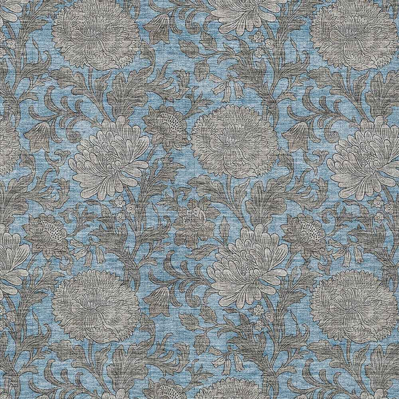 10' X 14' Blue Gray And Silver Floral Washable Indoor Outdoor Area Rug