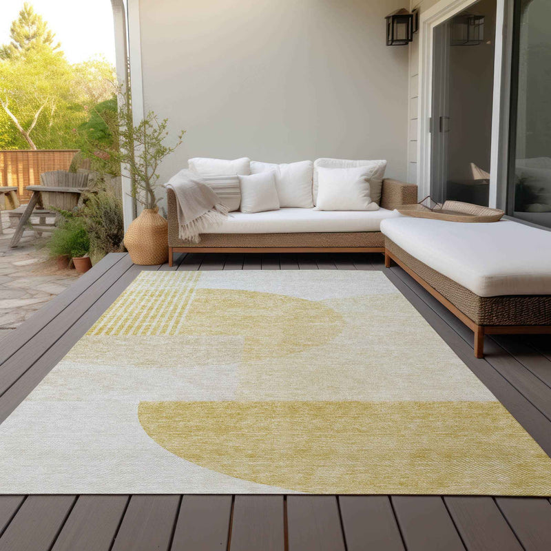 9' X 12' Gold Wheat And Ivory Geometric Washable Indoor Outdoor Area Rug