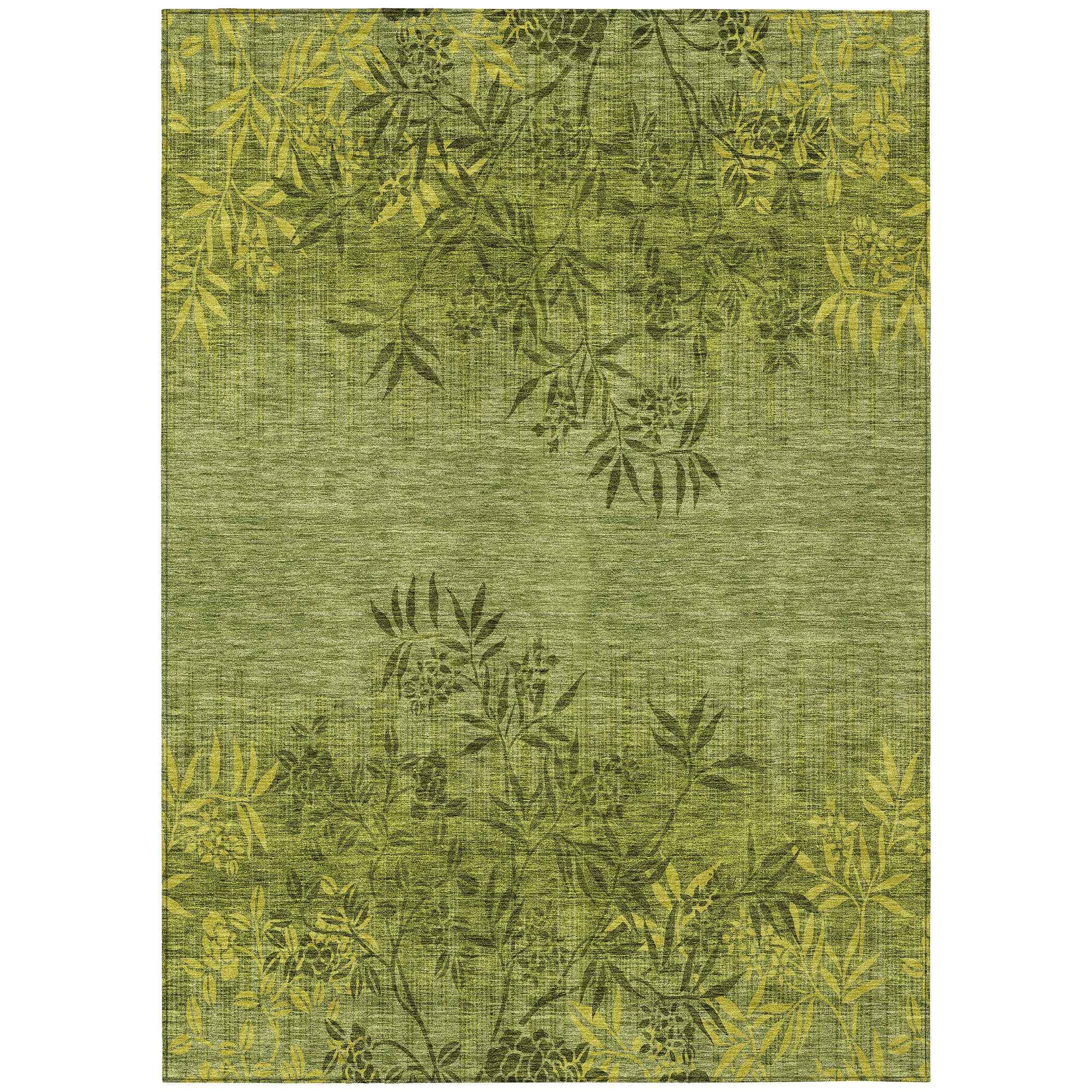 5' X 8' Olive Green And Fern Green Floral Washable Indoor Outdoor Area Rug