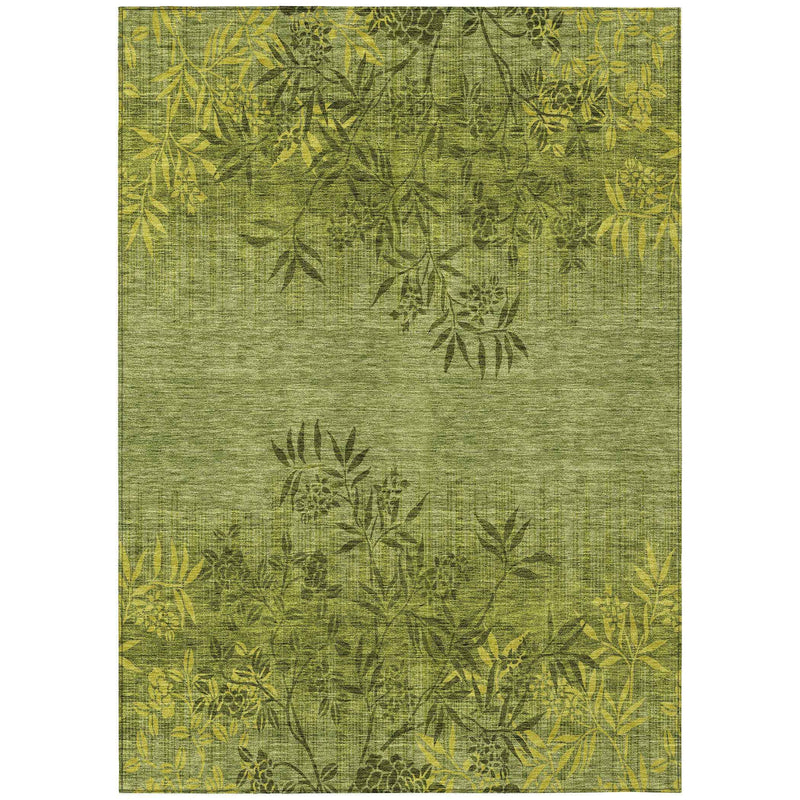 5' X 8' Olive Green And Fern Green Floral Washable Indoor Outdoor Area Rug