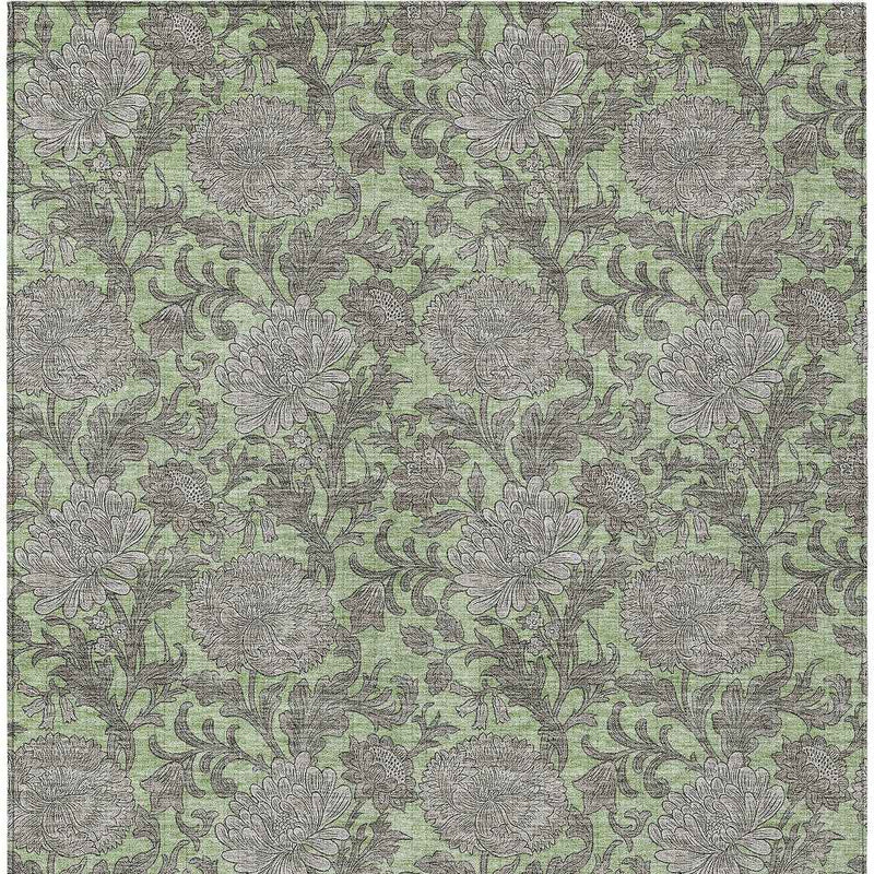 9' X 12' Artichoke Green Gray And Taupe Floral Washable Indoor Outdoor Area Rug