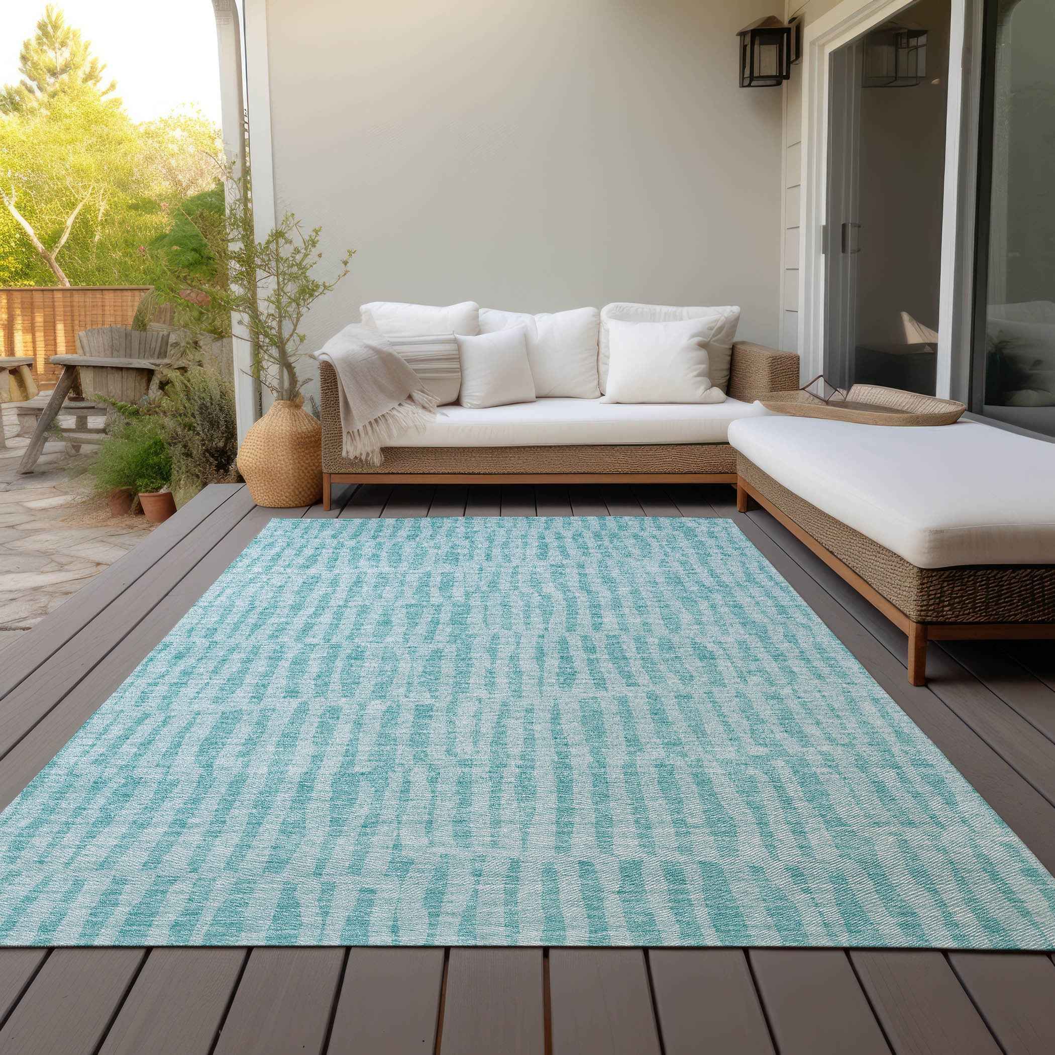 5' X 8' Teal Blue And Aqua Striped Washable Indoor Outdoor Area Rug