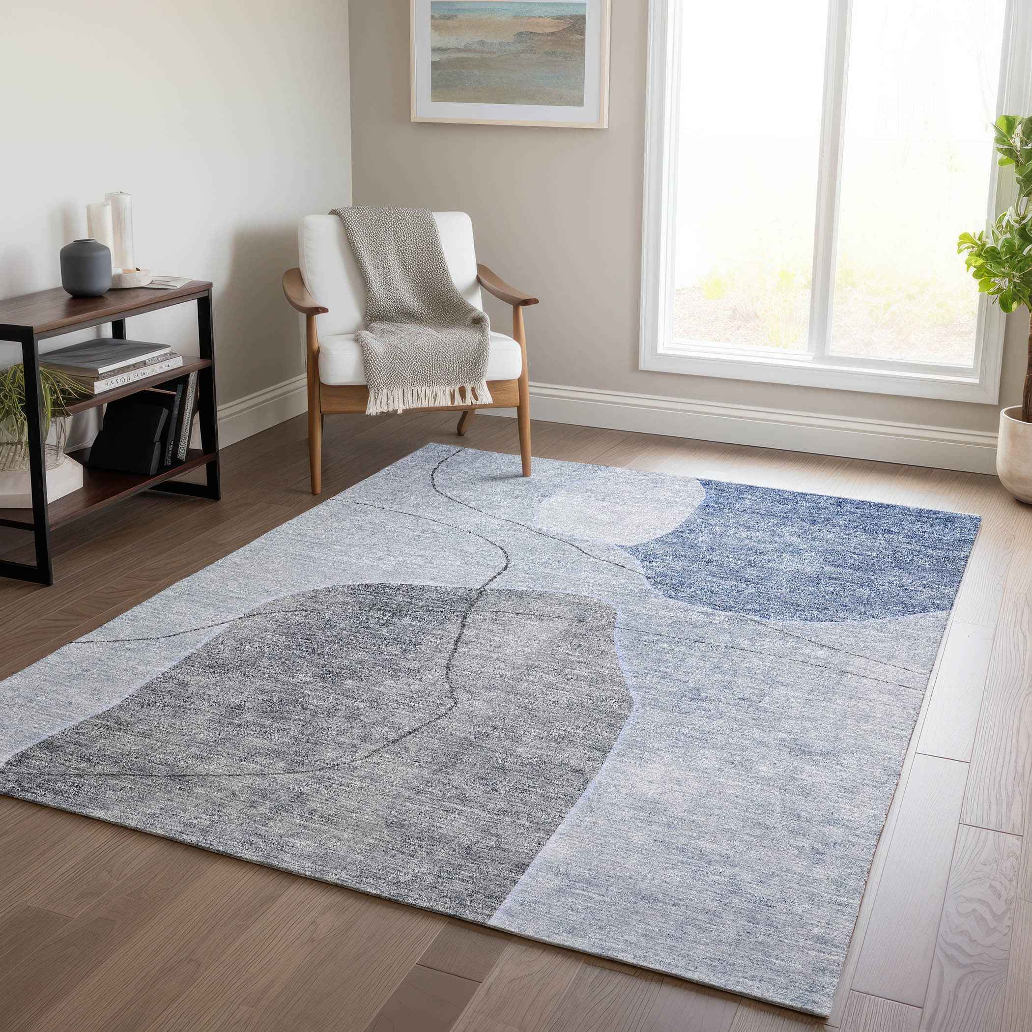 5' X 8' Denim Blue And Sky Blue Abstract Washable Indoor Outdoor Area Rug
