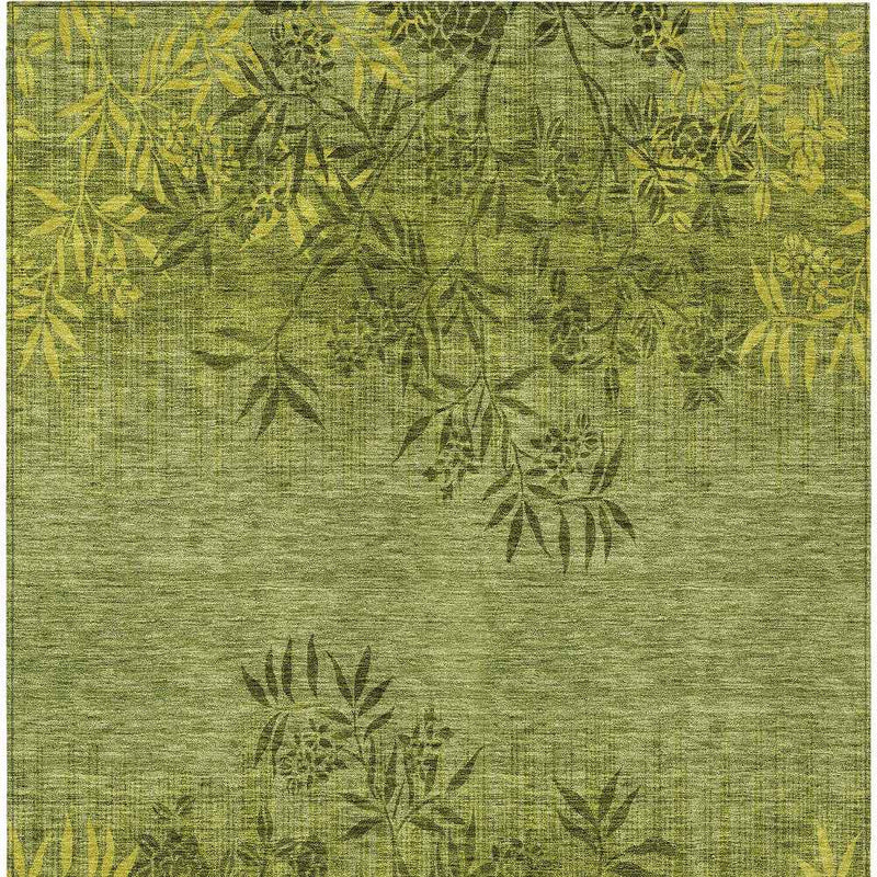 5' X 8' Olive Green And Fern Green Floral Washable Indoor Outdoor Area Rug