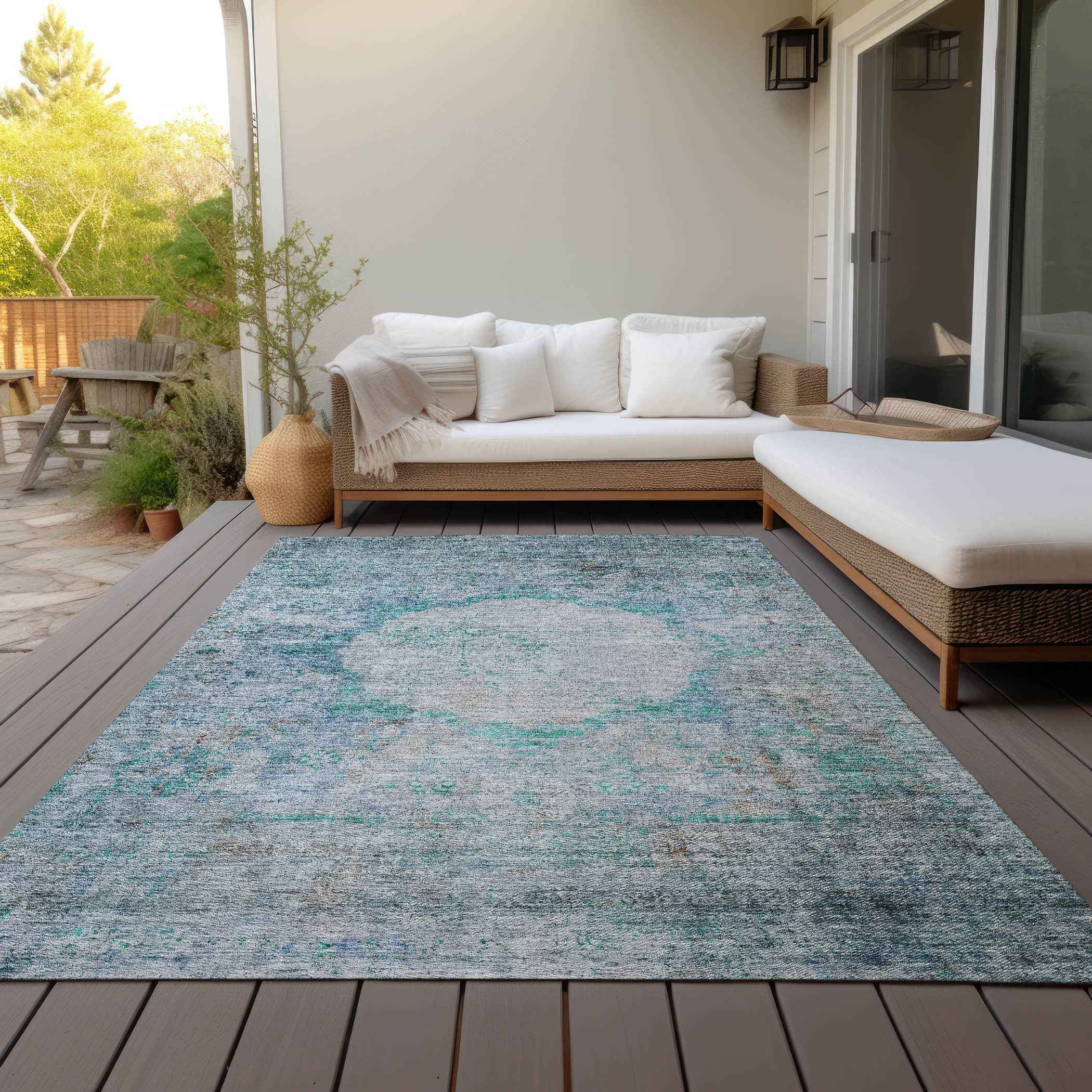 9' X 12' Teal Blue Aqua And Gray Oriental Washable Indoor Outdoor Area Rug