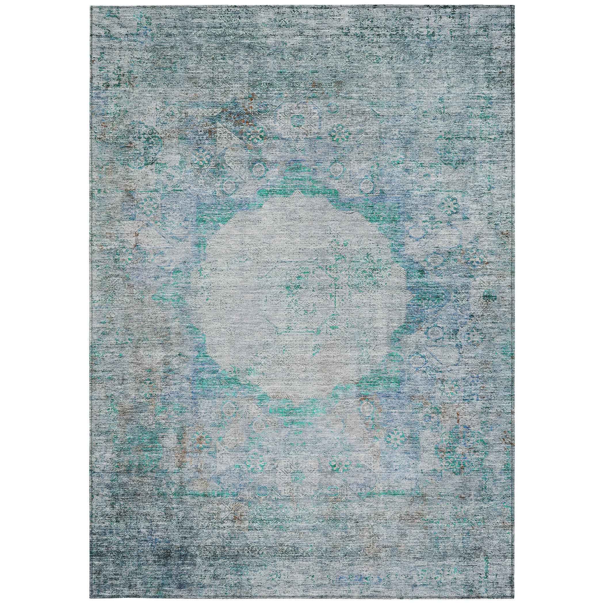 9' X 12' Teal Blue Aqua And Gray Oriental Washable Indoor Outdoor Area Rug