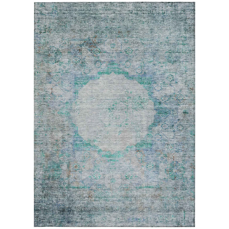 9' X 12' Teal Blue Aqua And Gray Oriental Washable Indoor Outdoor Area Rug
