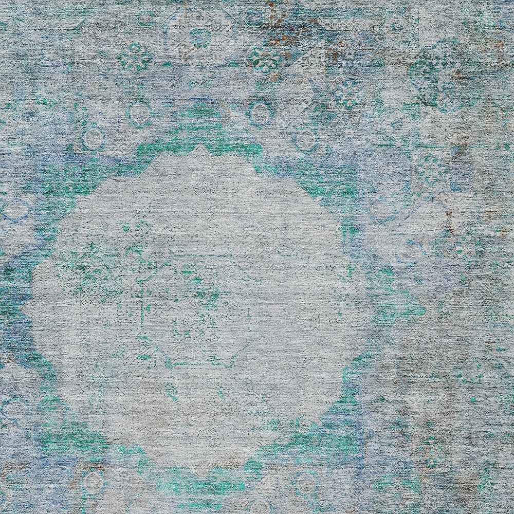 9' X 12' Teal Blue Aqua And Gray Oriental Washable Indoor Outdoor Area Rug