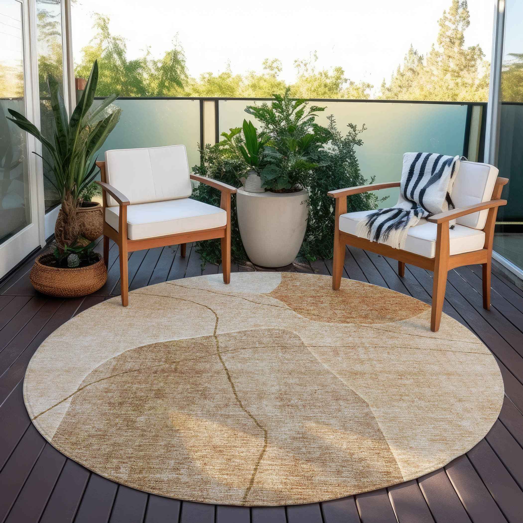 8' Orange Copper And Terra Cotta Round Abstract Washable Indoor Outdoor Area Rug