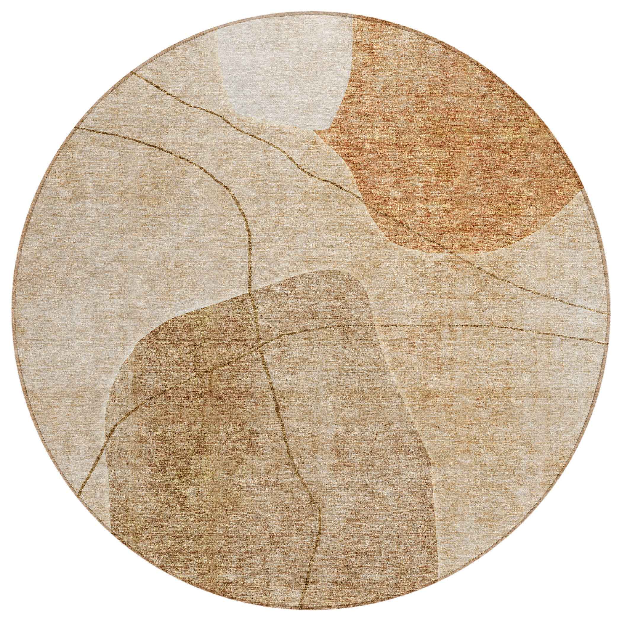 8' Orange Copper And Terra Cotta Round Abstract Washable Indoor Outdoor Area Rug