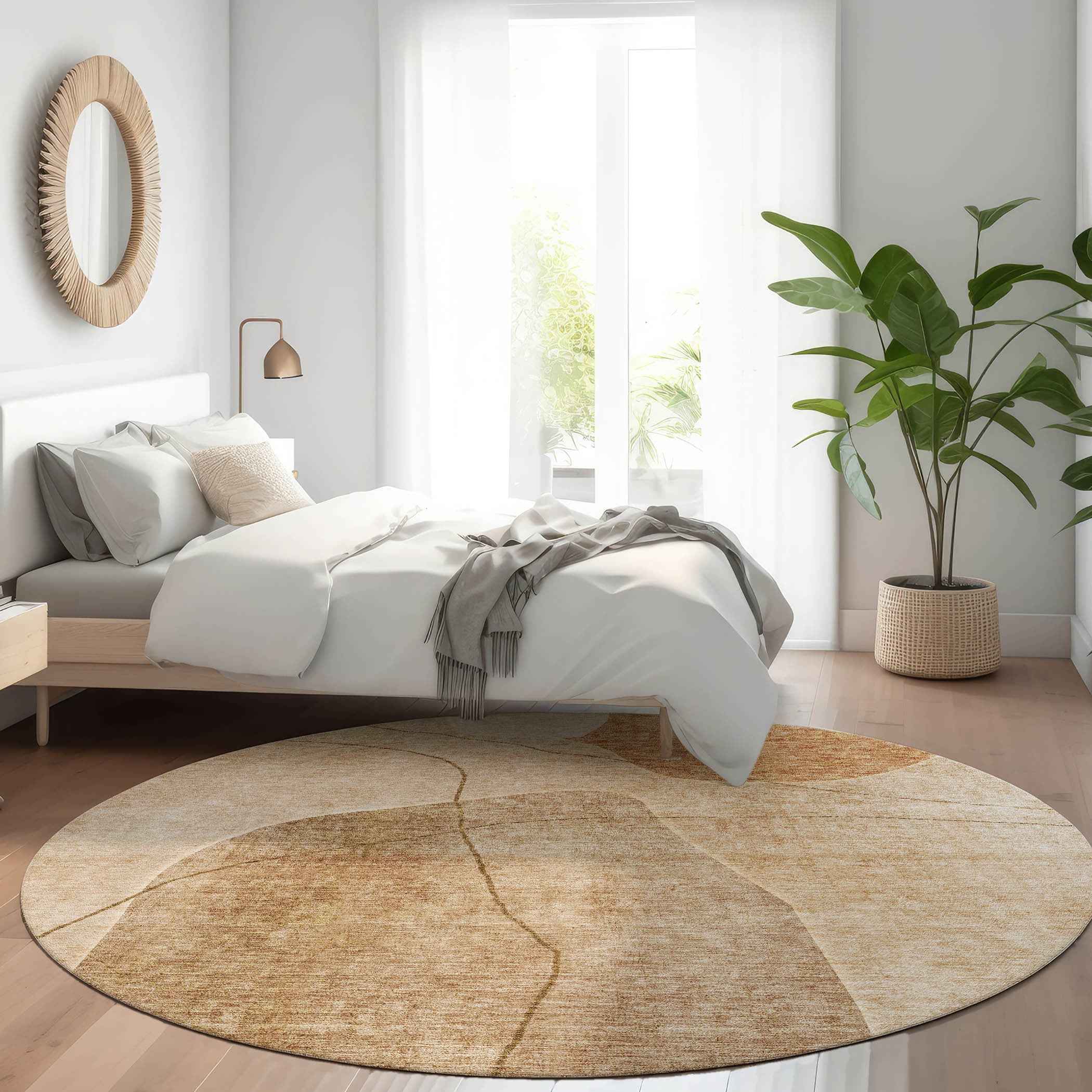 8' Orange Copper And Terra Cotta Round Abstract Washable Indoor Outdoor Area Rug