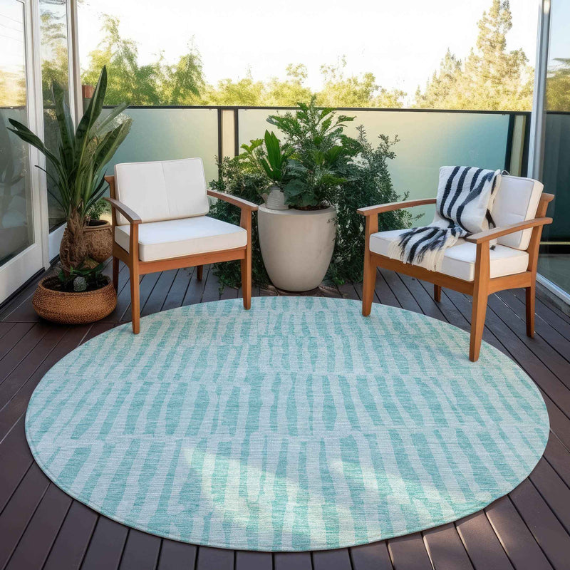 8' Teal Blue And Aqua Round Striped Washable Indoor Outdoor Area Rug