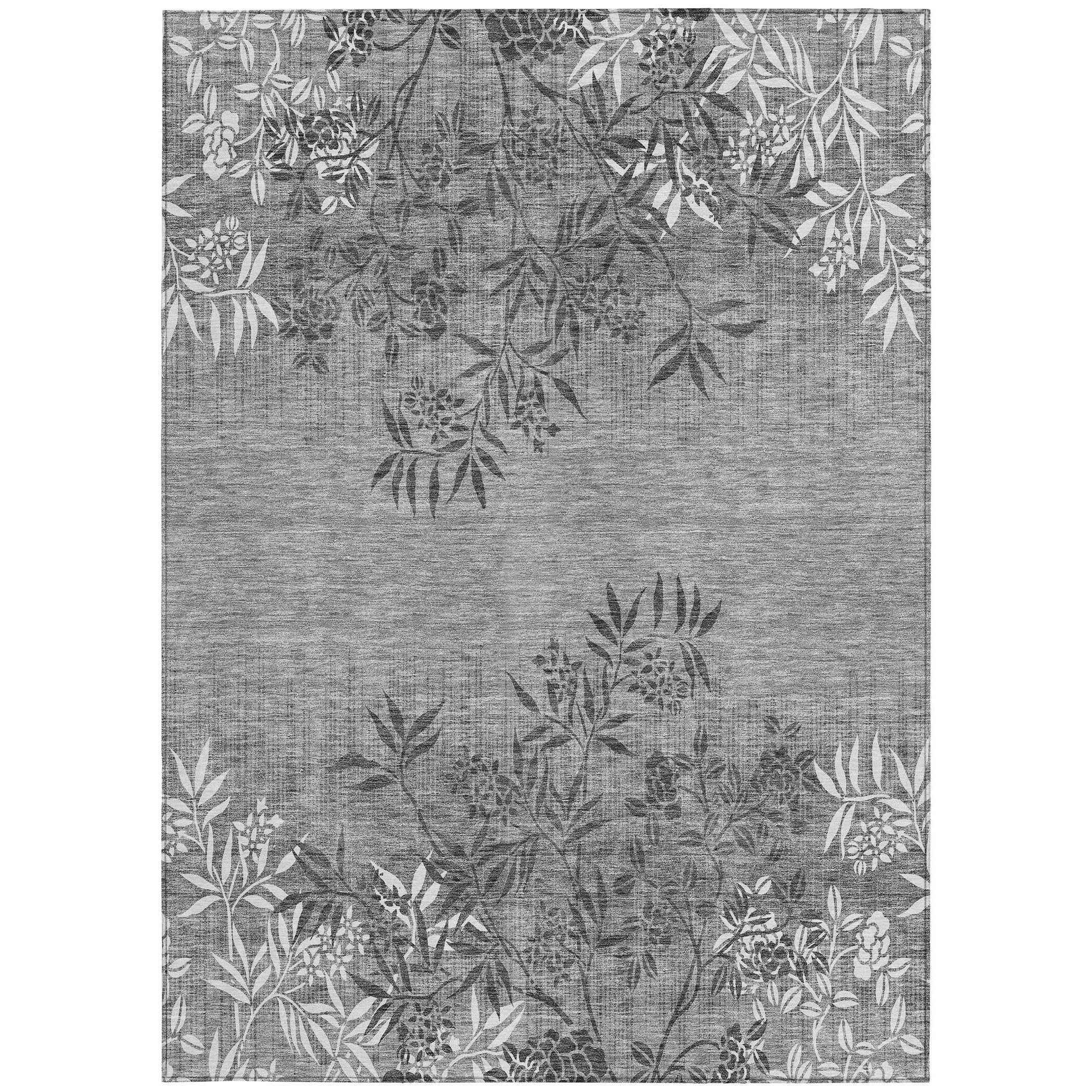 9' X 12' Gray Charcoal And Ivory Floral Washable Indoor Outdoor Area Rug