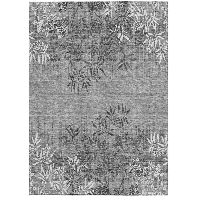 9' X 12' Gray Charcoal And Ivory Floral Washable Indoor Outdoor Area Rug