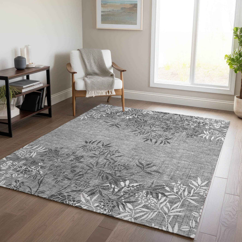 9' X 12' Gray Charcoal And Ivory Floral Washable Indoor Outdoor Area Rug