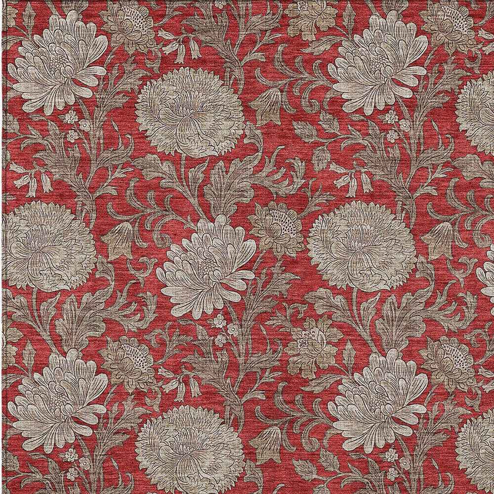8' X 10' Red Taupe And Beige Floral Washable Indoor Outdoor Area Rug