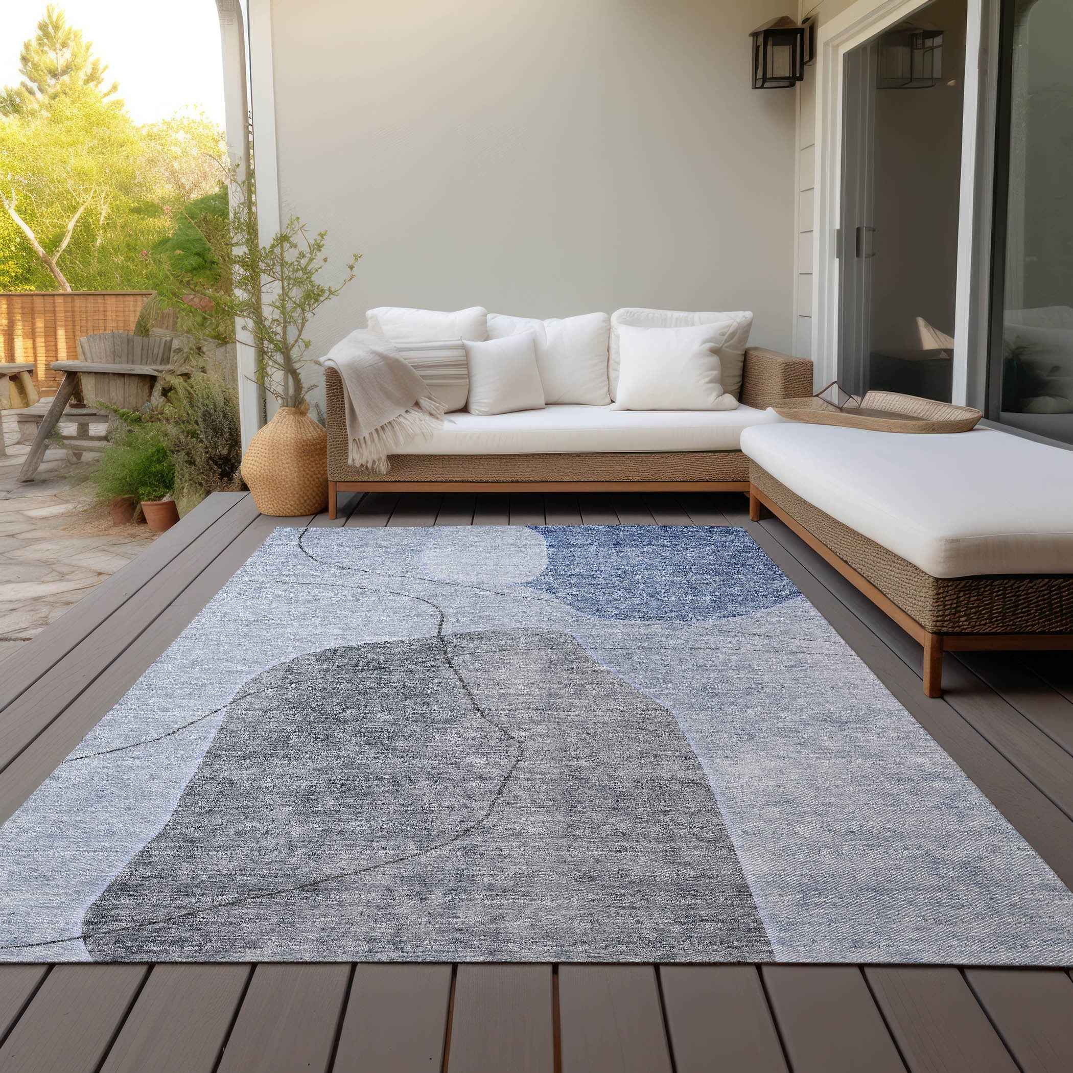 3' X 5' Denim Blue And Sky Blue Abstract Washable Indoor Outdoor Area Rug