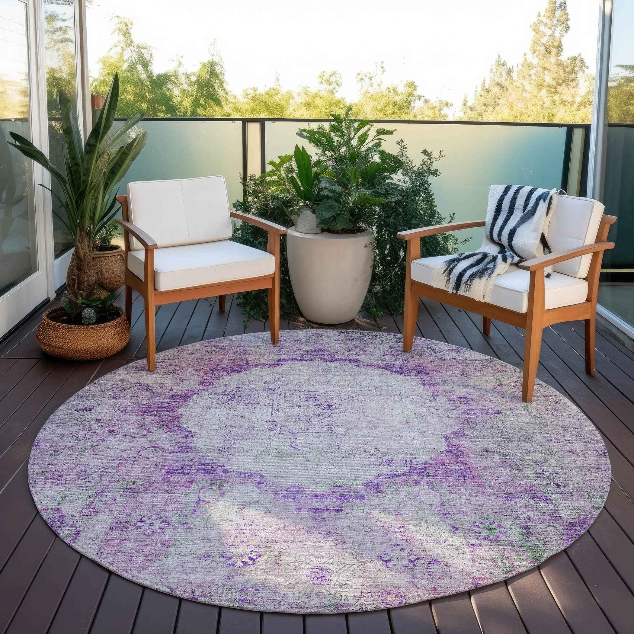 8' Purple Lavender And Gray Round Oriental Washable Indoor Outdoor Area Rug