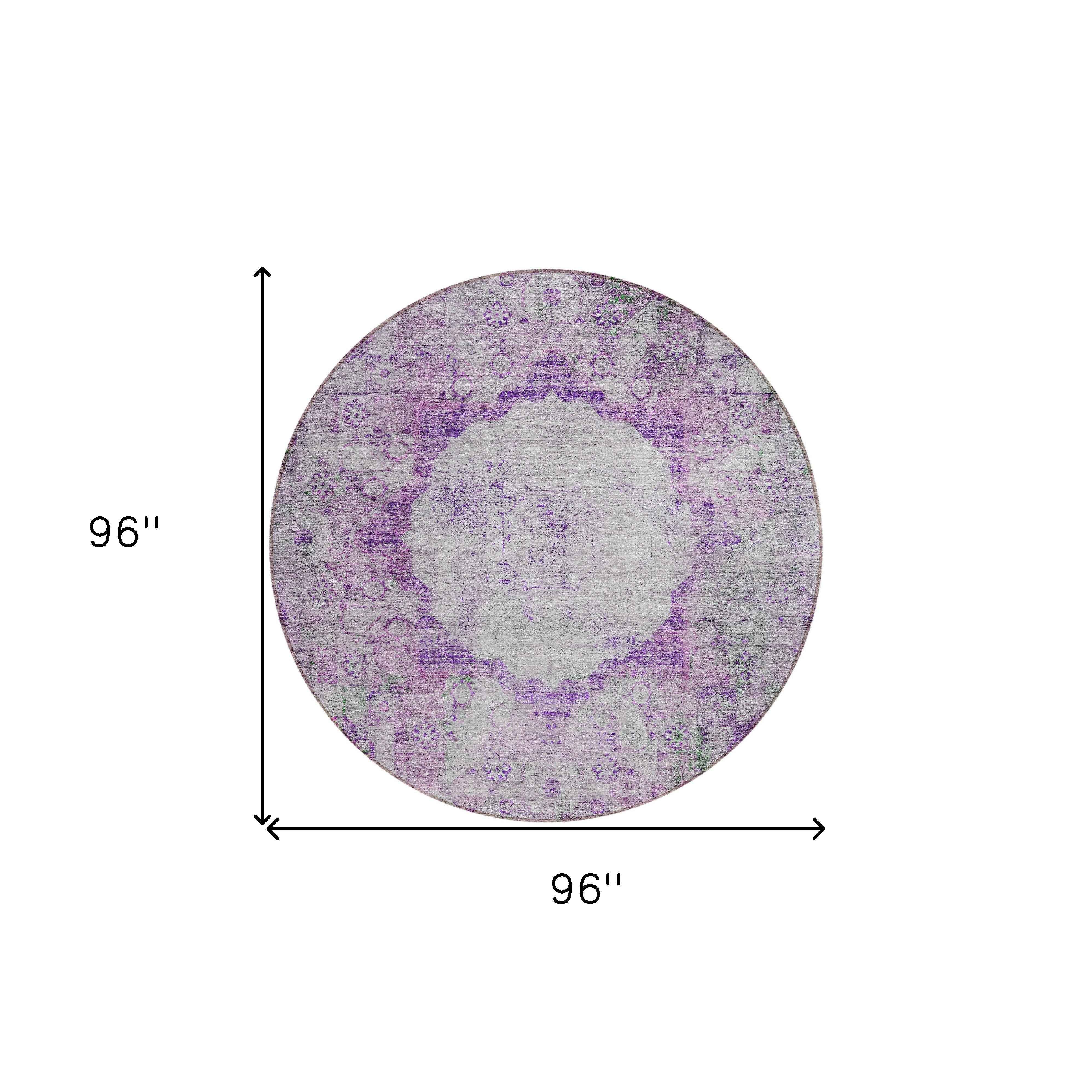 8' Purple Lavender And Gray Round Oriental Washable Indoor Outdoor Area Rug