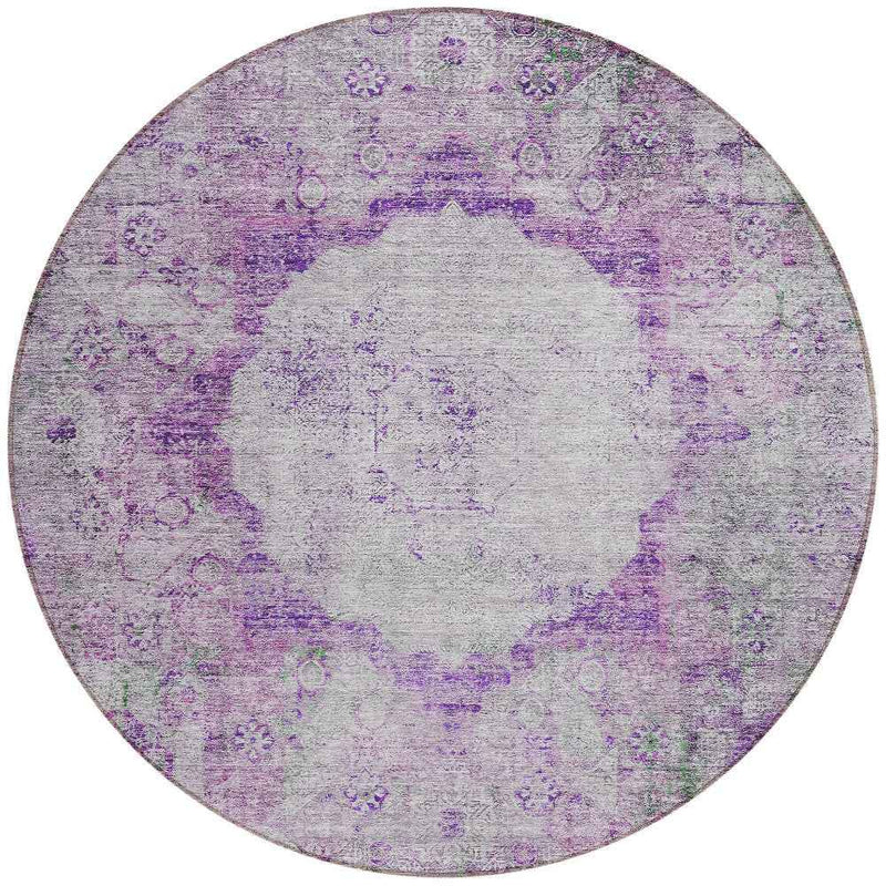 8' Purple Lavender And Gray Round Oriental Washable Indoor Outdoor Area Rug