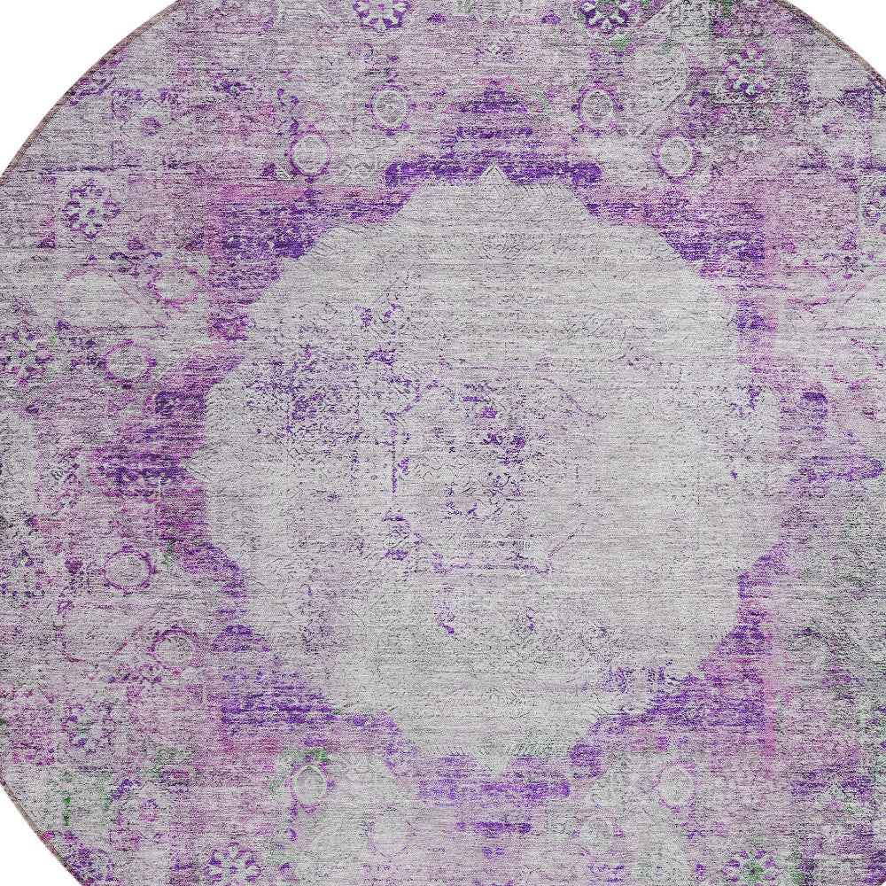 8' Purple Lavender And Gray Round Oriental Washable Indoor Outdoor Area Rug