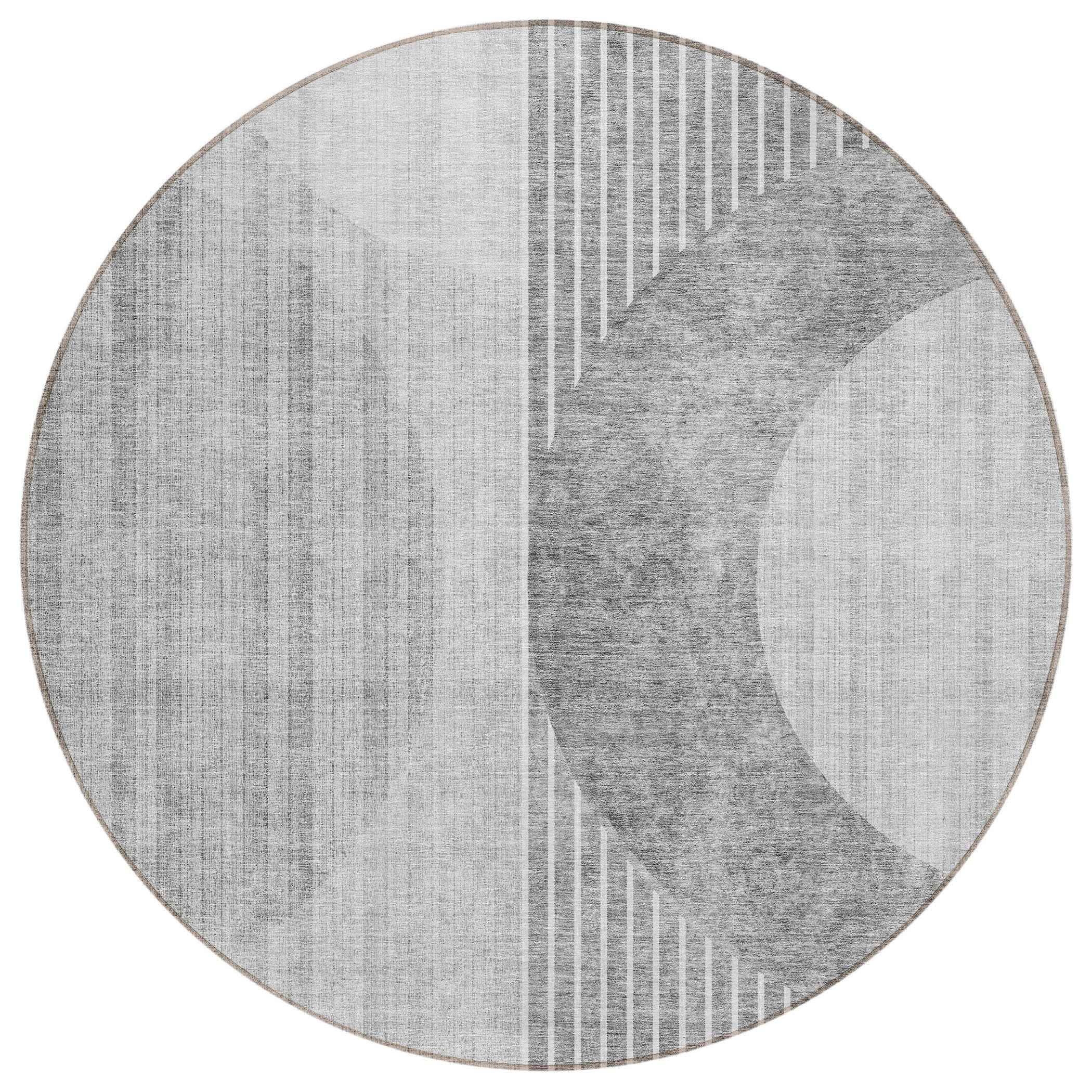 8' Gray Silver And Charcoal Round Geometric Washable Indoor Outdoor Area Rug